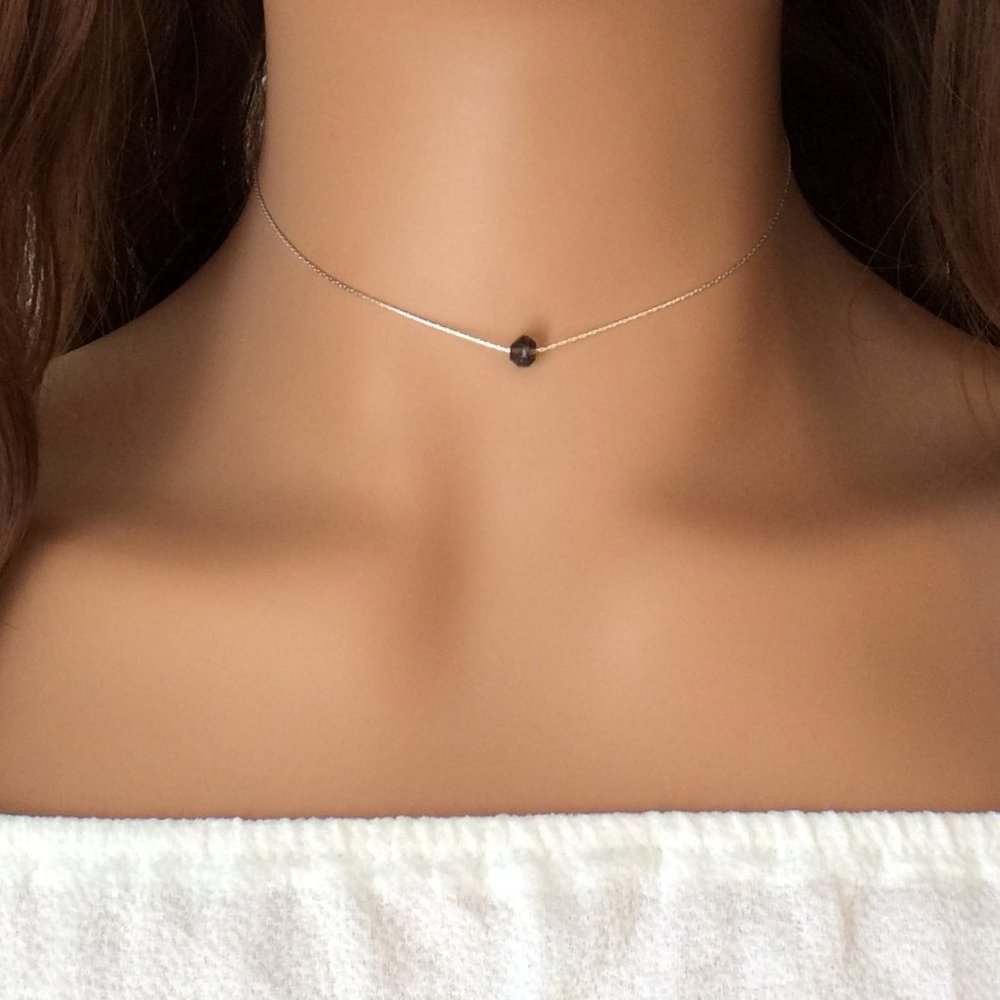 Tiny Smoky Quartz choker necklace, Sterling Silver, crystal healing